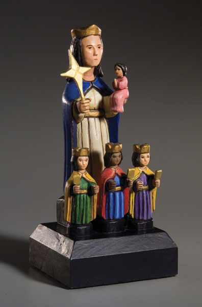 La Virgen de los Reyes, Santo, The Virgin of the Kings, Puerto Rican woodcarving, 2003; Carlos Santiago Arroyo (b. 1947); Amherst, Massachusetts; Tropical cedar, gesso, acrylic; 10 3/4 x 5 x 4 7/8 in.; Private Collection; Photography by Jason Dowdle