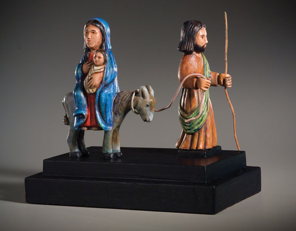 La Huida a Egipto, Santo, The Flight to Egypt, Puerto Rican woodcarving, 2006; Carlos Santiago Arroyo (b. 1947); Amherst, Massachusetts; Tropical cedar, gesso, acrylic, metal; 11 1/4 x 12 1/4 x 7 1/2 in.; Private Collection; Photography by Jason Dowdle