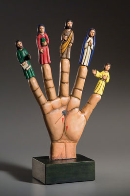 La Mano Poderosa, Santo, The Most Powerful Hand, Puerto Rican woodcarving, 2003; Carlos Santiago Arroyo (b. 1947); Amherst, Massachusetts; Tropical cedar, gesso, acrylic; 15 1/4 x 9 1/4 x 4 in.; Private Collection; Photography by Jason Dowdle