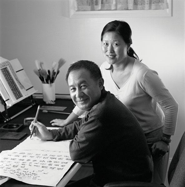 Qianshen Bai (sitting) and Wen-hao Tien, Chinese seal carving and calligraphy, 2007; Chestnut Hill, Massachusetts; Photography by Billy Howard