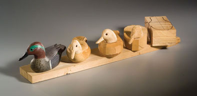 Five Steps of Making a Green winged Teal Decoy, Working decoy, 1990; Bob Brophy (b. 1932); Essex, Massachusetts; Wood, paint; 6 1/4 x 35 1/4 x 11 in.; plus pattern block; Collection of the artist; Photography by Jason Dowdle