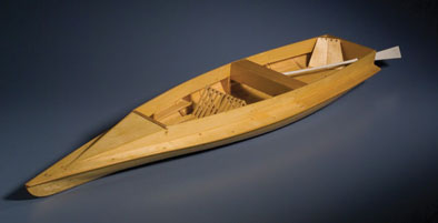 Gunning Float, Full-hull ship model, 2002; Bob Brophy (b. 1932); Essex, Massachusetts; Wood; 4 3/4 x 47 x 12 1/2 in.; Collection of the artist; Photography by Jason Dowdle