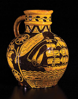 Devon Harvest Jug, English and Colonial American pottery, c. 1999; Michael L. Burrey (b. 1960); Plymouth, Massachusetts; Red clay and slip; 9 1/4 x 8 (with handle) x 7 1/2 in.; Collection of the artist; Photography by Jason Dowdle