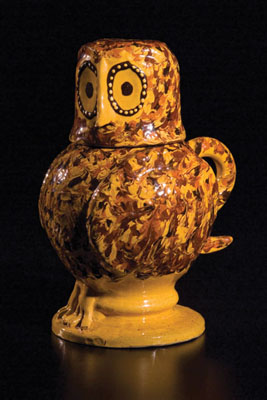 Owl Jug and Cup, English and Colonial American pottery, c. 2005; Michael L. Burrey (b. 1960); Plymouth, Massachusetts; Red clay and slip; 8 5/8 x 5 x 6 in. together; Collection of the artist; Photography by Jason Dowdle