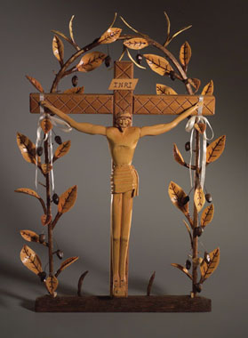 Crucifix, Woodcarving, 2007; Charles M. Cerone (b. 1944); Nonantum, Massachusetts; Basswood and ribbon; 30 1/4 x 21 x 6 1/2 in.; Collection of the artist; Photography by Jason Dowdle