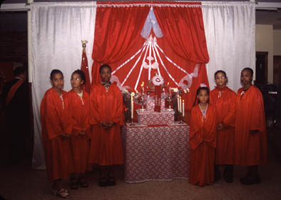 Youth members of Espirito Santo posing with altar in rectory after mass, Ethnic festival, 2001; Festa Coroa do Espirito Santo; New Bedford, Massachusetts; Photography by Laura Orleans