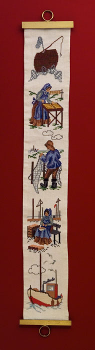 Wall Hanging, Norwegian cross-stich embroidery, c. 1982; Aline Drivdahl (b. 1947); Fairhaven, Massachusetts; Linen and thread; 38 1/4 x 6 x 1/2 in.; Private Collection; Photography by Jason Dowdle
