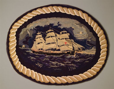 USS Dreadnaught, Hooked rug, 1961; Jeanne H. Fallier (b. 1920); Westford, Massachusetts; Wool strips on burlap; 29 3/4 x 37 1/4 x 3/4 oval; Collection of the artist; Photography by Jason Dowdle