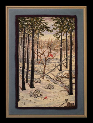 Winter Scene, Hooked rug, 1989; Jeanne H. Fallier (b. 1920); Westford, Massachusetts; Wool strips on burlap backing; 40 1/2 x 29 x 2 in. framed; Collection of the artist; Photography by Jason Dowdle