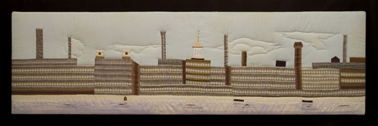 Mile of Mills, Wall hanging, mid 20th century; Sally Palmer Field (b. 1922); Chelmsford, Massachusetts; Lowell textile mills cotton fabric; 18 1/2 x 63 1/2 x 1 1/2 in.; Collection of the artist; Photography by Jason Dowdle