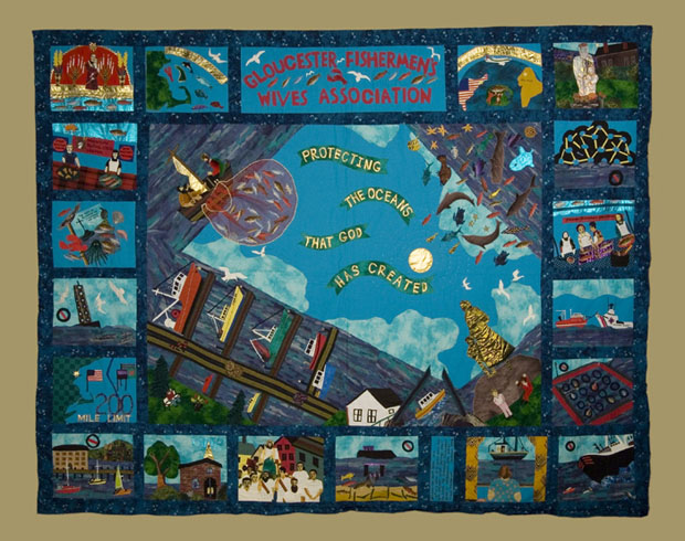 Protecting the Oceans that God has Created, Appliqued quilt, 1998; Gloucester Fishermen's Wives Assn., Inc. (b. 1950); Gloucester, Massachusetts; Fabric, thread; 86 x 108 in.; Courtesy of the Gloucester Fishermen's Wives Association; Photography by Jason Dowdle