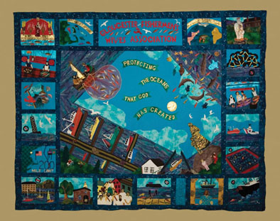 Protecting the Oceans that God has Created, Appliqued quilt, 1998; Gloucester Fishermen's Wives Assn., Inc. (b. 1950); Gloucester, Massachusetts; Fabric, thread; 86 x 108 in.; Courtesy of the Gloucester Fishermen's Wives Association; Photography by Jason Dowdle