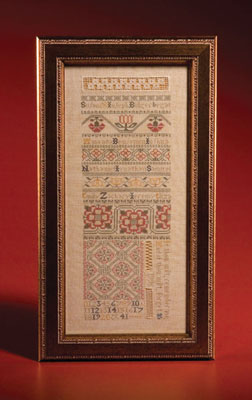 Eliza's Sampler, New England cross-stitch embroidery, 1998; Susan Hadley-Bulger (b. 1956); Littleton, Massachusetts; Single strand silk and cotton; 8 7/8 x 4 7/8 x 7/8 in. framed; Collection of the artist; Photography by Jason Dowdle