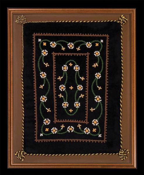 Pillowcase, Armenian embroidery, 1951; Anahid Kazazian (b. 1934); Lexington, Massachusetts; Velvet, cotton thread; 30 x 24 x 1 1/2 in. framed; Collection of the artist; Photography by Jason Dowdle