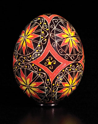 Pysanki, Ukrainian decorated egg, 2006; Carol Kostecki (b. 1943); Montague Center, Massachusetts; Resist-dyed chicken egg; 2 1/4 x 1 1/2 in. diam.; Collection of the artist; Photography by Jason Dowdle