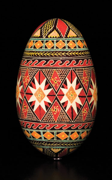 Pysanki, Ukrainian decorated egg, 2006; Carol Kostecki (b. 1943); Montague Center, Massachusetts; Resist-dyed goose egg; 3 7/8 x 2 1/4 in. diam.; Collection of the artist; Photography by Jason Dowdle