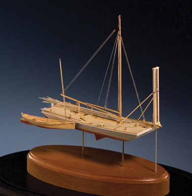 Skiff and Scow, Full-hull ship model, 2001; Rob Napier (b. 1946); Newburyport, Massachusetts; Holly, basswood, pearwood, boxwood, nickel chromium wire, ebony, brass, flytier's nylon, silk; with dome: 10 1/8 x 9 1/2 x 6 1/8 in.; without dome: 8 3/8 x 9 1/2 x 6 1/8 in.; Collection of the artist; Photography by Jason Dowdle