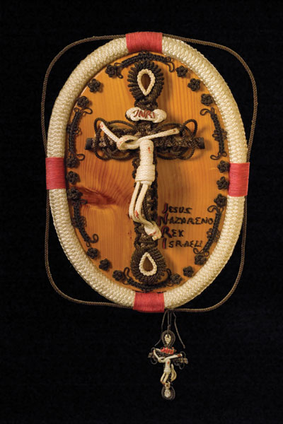 Life Preserver and Crosses, Rope sculpture, 1997; Marco Randazzo (b. 1945); Gloucester, Massachusetts; Nautical line; 31 1/2 x 18 x 4 in. (includes crucifix below); Collection of the artist; Photography by Jason Dowdle