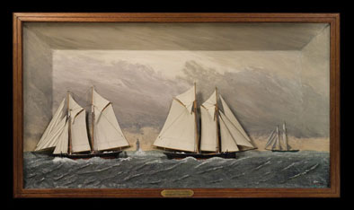 The Duel Off Davis Ledge, 1892, Shadow box, 1986; Erik Ronnberg, Jr. (b. 1944); Rockport, Massachusetts; Wood, paint; 28 3/8 x 50 1/8 x 5 1/8 in.; Collection of Cape Ann Museum; Photography by Jason Dowdle