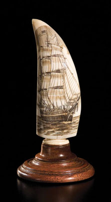 Whaling Bark, Scrimshaw, 2006; Michael Vienneau (b. 1955); Nantucket, Massachusetts; Whale ivory, mahogany and whalebone base; 6 1/2 x 3 1/8 in.; Collection of the artist; Photography by Jason Dowdle