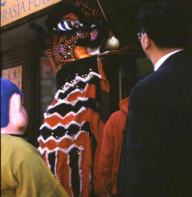 Lion dancer eating lettuce; Ethnic festival; 2001: Chinatown, Boston, Massachusetts