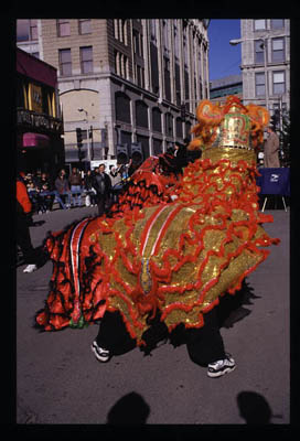 Back of red lion costume; Ethnic festival; 2001: Chinatown, Boston, Massachusetts