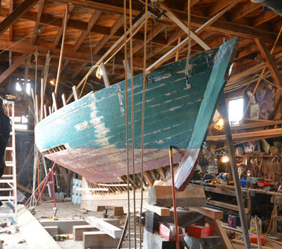 Maria unrestored in the barn; Wooden boatbuilding & restoration; 2017: Essex, Massachusetts
