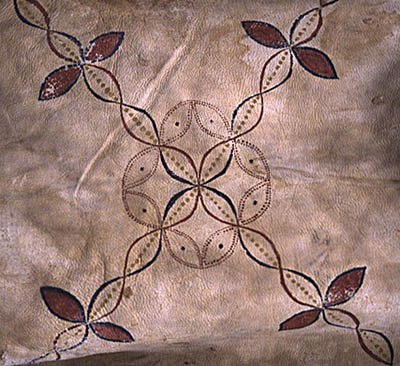 Detail of paint on deerskin; Apprenticeship - Native regalia; 2004: West Barnstable, Massachusetts
